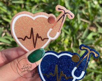 Heart with Two toned Stethoscope badge reel,  nurse badge holder