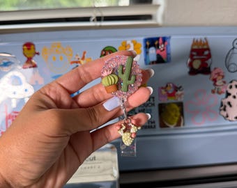 Cactus Badge Reel: Resin Rhinestone Glitter ID Holder for Nurses, Teachers – Handmade Charm