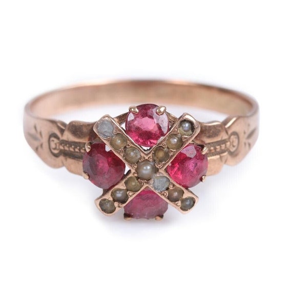 Antique Victorian 10K Rose Gold Garnet Engagement… - image 1