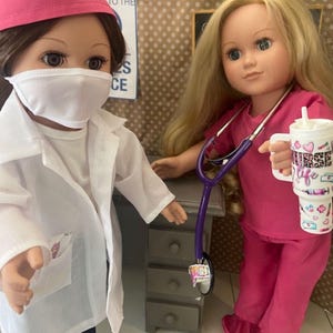 18&quot; doll AG size Nurse/doctor scrubs outfits, stethoscope, Stanley nurse cup, clipboard with patient charts, bandaids, 3 jars, lab coat/mask