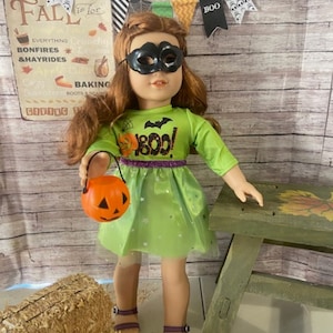 18&quot; doll Green Halloween dress w/mask, ready for Trick or Treat with a cute Pumpkin, fits all 18&quot; dolls, party ready fits AG, My Life, OG