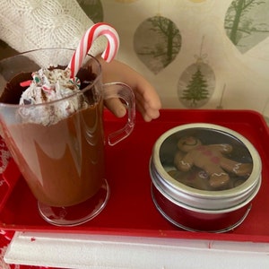 18" doll size Hot cocoa set, cocoa in a plastic mug and 3 Gingerbread faux cookies in a tin  for Christmas playdates, for AG, My Life
