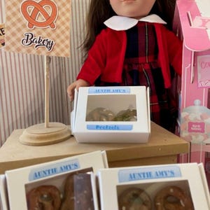 18&quot; doll 1:3 size Auntie Amy&#39;s Pretzels w/gift box, fun faux food, great for photo shoots with friends and holiday parties, fits AG, My Life