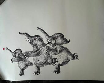May include: A pen and ink drawing of three elephants in a playful pose. The elephants are gray with detailed cross-hatching, and a small red dot is in the air. The artwork is on white paper.