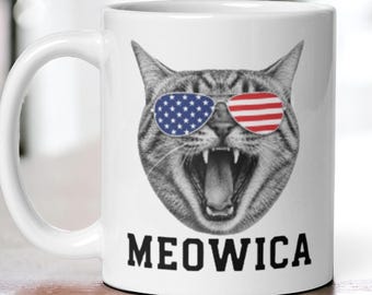 Meowica Cat Mug, Patriotic Cat Lover Gift, USA Pride Coffee Cup