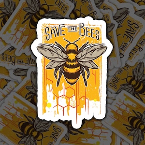 May include: A yellow and black bee with wings spread wide is flying over a honeycomb pattern. The bee is surrounded by a yellow and orange background with the text "SAVE THE BEES" in black letters.