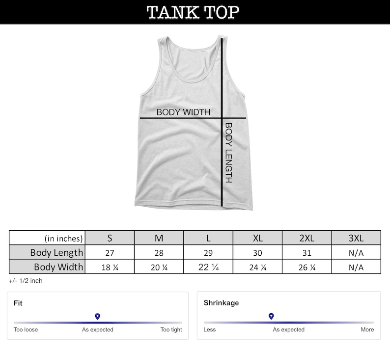 Op de afbeelding: Maattabel voor een tanktop in de maten S tot en met 3XL. De tabel toont de lichaamslengte en de lichaamsbreedte in inches. De tabel bevat ook een pasvormgids en een krimpgids.