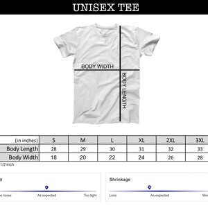 May include: Size chart for a unisex tee shirt showing measurements in inches for body length and width. The chart includes sizes from small to 3XL. The chart also includes a visual guide for fit and shrinkage.
