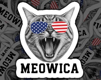 Meowica Vinyl Sticker, Patriotic Cat Decal, Fourth of July Cat Lover Gift