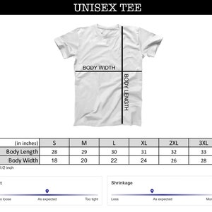 May include: Size chart for a unisex tee shirt showing measurements in inches for body length and width. The chart includes sizes from small to 3XL. The chart also includes a visual guide for fit and shrinkage.