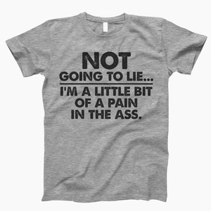 Op de afbeelding: Grijs T-shirt met de tekst "NOT GOING TO LIE... I'M A LITTLE BIT OF A PAIN IN THE ASS."
