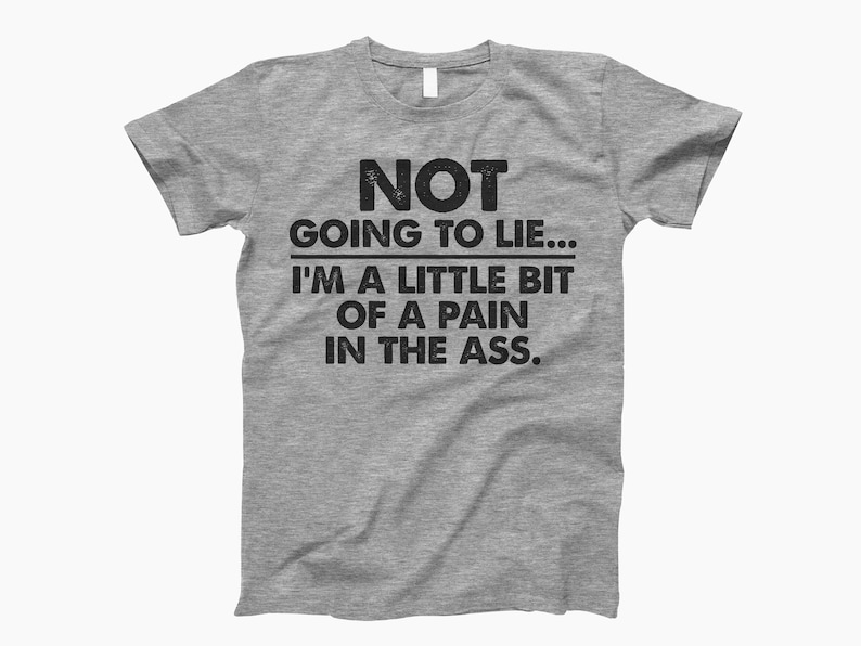 Op de afbeelding: Grijs T-shirt met de tekst "NOT GOING TO LIE... I'M A LITTLE BIT OF A PAIN IN THE ASS."