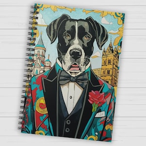 May include: Spiral-bound notebook featuring a dog illustration. The dog is depicted in a tuxedo with a red rose, set against a backdrop of architectural illustrations. The cover has a colorful, artistic design.