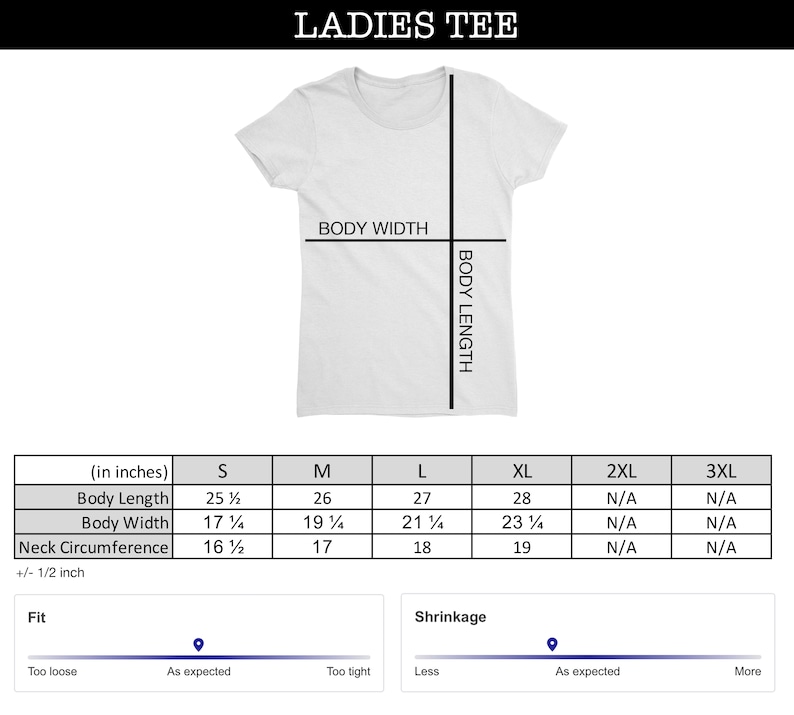 Op de afbeelding: Maattabel voor een dames T-shirt met afmetingen in inches voor de maten S, M, L, XL, 2XL en 3XL. De tabel bevat de lichaamslengte, de lichaamsbreedte en de nek omtrek. Een grafiek toont de pasvorm van het shirt als 'Zoals verwacht' en de krimp als 'Zoals verwacht'.