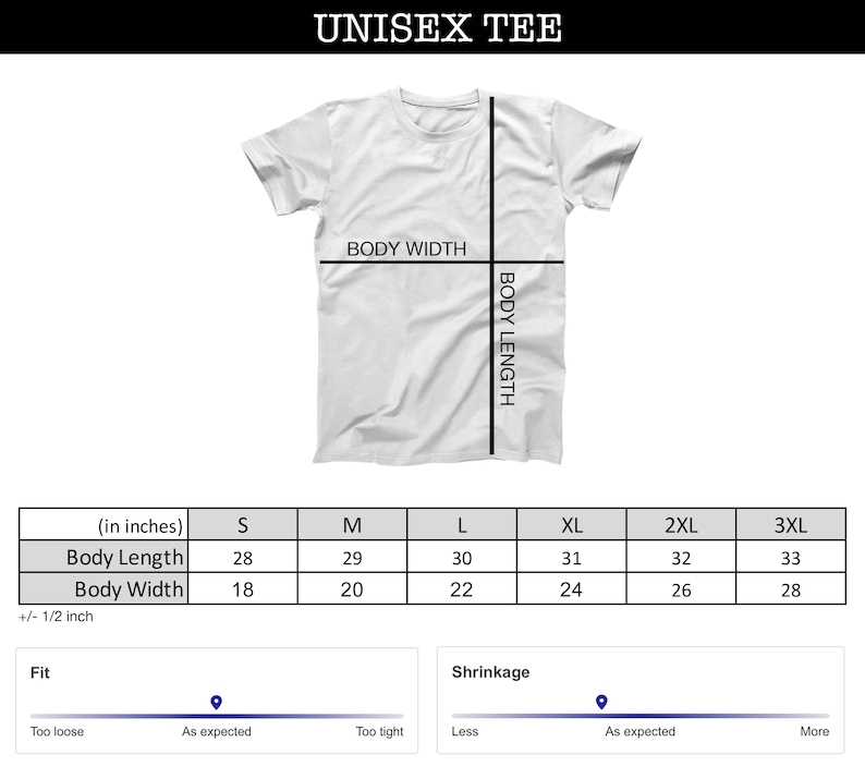 Op de afbeelding: Maattabel voor een unisex T-shirt met afmetingen in inches voor de lichaamslengte en -breedte. De tabel bevat maten van S tot 3XL. De tabel bevat ook een visuele gids voor pasvorm en krimpen.