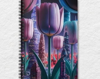 Purple tulip in futuristic city Spiral Notebook - Ruled Line