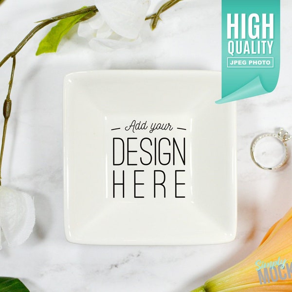 White Porcelain Square Ring Dish Mockup - Orange Lilly | Digital File