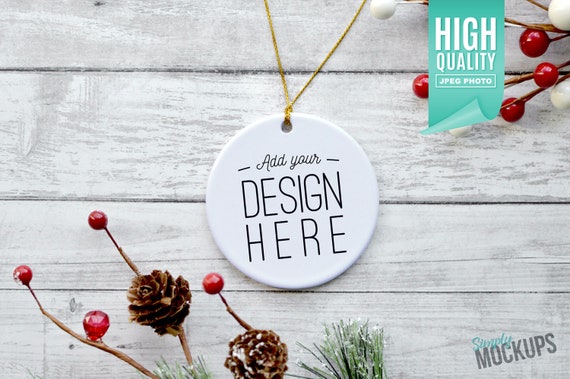 Round Porcelain Christmas Ornament Christmas Mockup Gold Ribbon