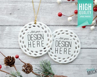 Download Free Round Open Work Porcelain Christmas Ornament, Christmas Mockup Double Sided | Add your own image template - High quality digital download PSD Template