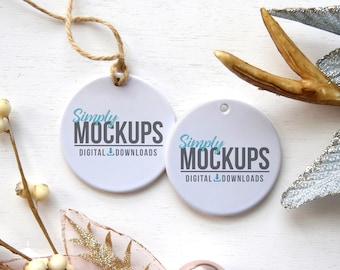 Round Double Sided Porcelain Christmas Ornament, Christmas Mockup | Twine - Add your own template - High quality digital download