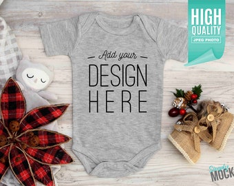 Christmas Baby Bodysuit Mockup - Blank gray short sleeve one piece | Digital File Download