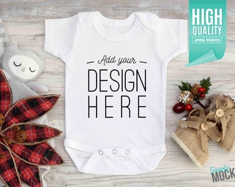 Christmas Baby Bodysuit Mockup - Blank white short sleeve one piece | Digital File Download