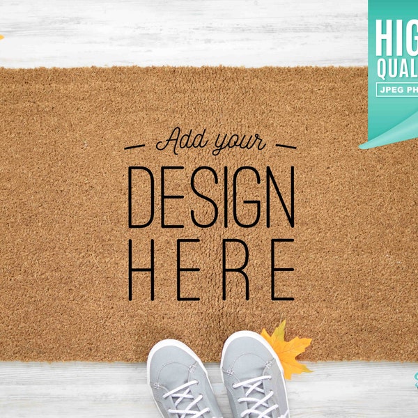 Fall Coir Doormat Mockup with Gray Shoes & leaves | Digital File