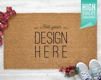 Christmas Coir Doormat Mockup with Buffalo Plaid Ribbon | Digital File
