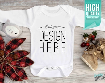 Christmas Baby Bodysuit Mockup - Blank white long sleeve one piece | Digital File Download