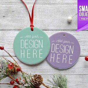 Christmas Ornament Mockup - double sided, round white porcelain ornament | Add your own image template with Smart Object digital download