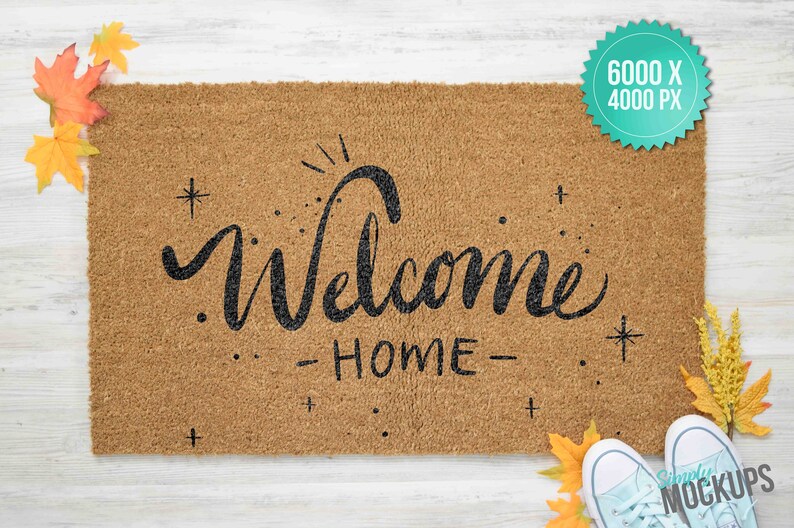 Download Fall Coir Doormat Mockup with Teal Shoes & leaves Digital | Etsy