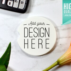 Sandstone Car Coaster Mockup - Orange Lilly | Digital Download