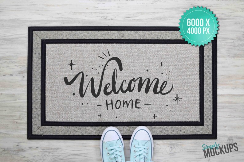 Download Simple Sublimation Doormat Mockup with teal shoes Digital ...