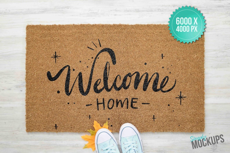 Download Fall Coir Doormat Mockup with Teal Shoes & leaves Digital ...