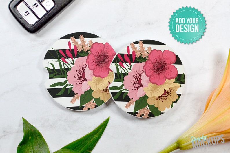 Download Set Of Two Sandstone Car Coasters Mockup Orange Lilly | Etsy