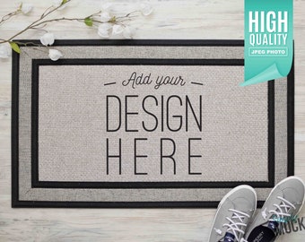 Simple Sublimation Doormat Mockup with gray shoes and white flowers | Digital File