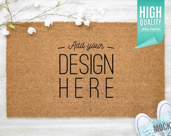 Coir Doormat Mockup with Teal Shoes & Flowers | Digital File