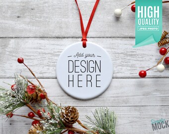 Round Porcelain Christmas Ornament, Christmas Mockup | Add your own image template - High quality digital download