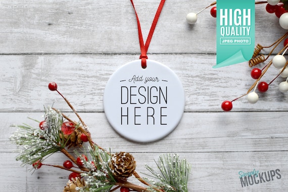 Round Porcelain Christmas Ornament, Christmas Mockup | Add your own image template - High quality digital download