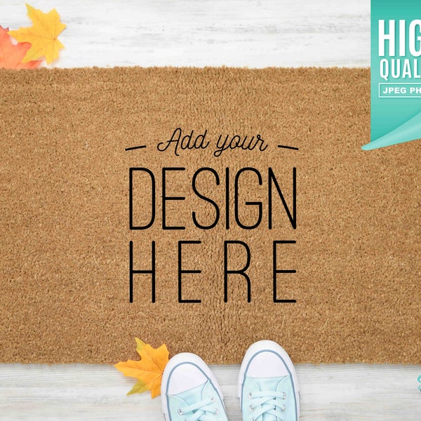 Fall Coir Doormat Mockup with Teal Shoes & leaves | Digital File