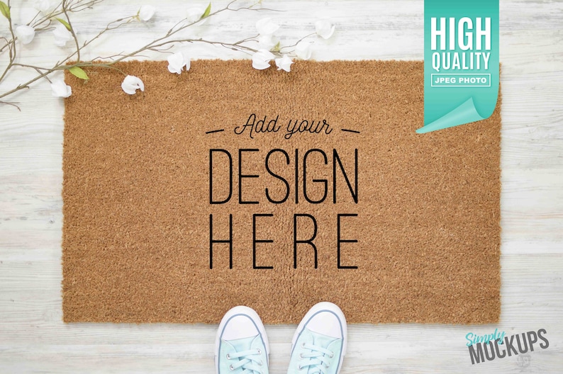 Download Coir Doormat Mockup With Teal Shoes Flowers Digital File Home Living Rugs Tripod Ee