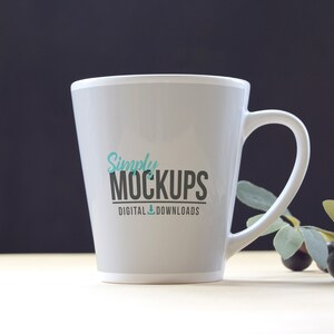 12 oz Latte Coffee Mug Mockup With Dark Background & Olive Branch | Digital File - PSD Smart Object