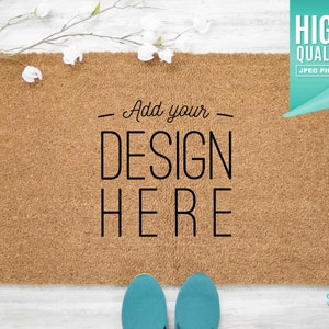 Coir Doormat Mockup with Teal Shoes & Flowers | Digital File