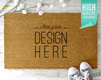 Semplice Sublimazione Doormat Mockup con scarpe converse grigie e fiori bianchi File digitale