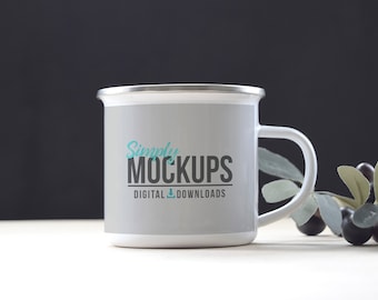 12 oz Camping Mug Mockup With Dark Background & Olive Branch | Digital File - PSD Smart Object
