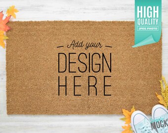 Fall Coir Doormat Mockup with Teal Shoes & leaves | Digital File