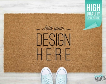 Coir Doormat Mockup with Teal Shoes | Digital File