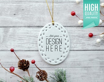 Oval Open Work Porcelain Christmas Ornament, Christmas Mockup | Add your own image template - High quality digital download