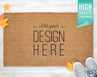 Fall Coir Doormat Mockup with Gray Shoes & leaves | Digital File