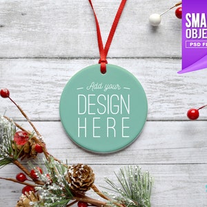 Round Porcelain Christmas Ornament, Christmas Mockup | Add your own image template with smart object digital download